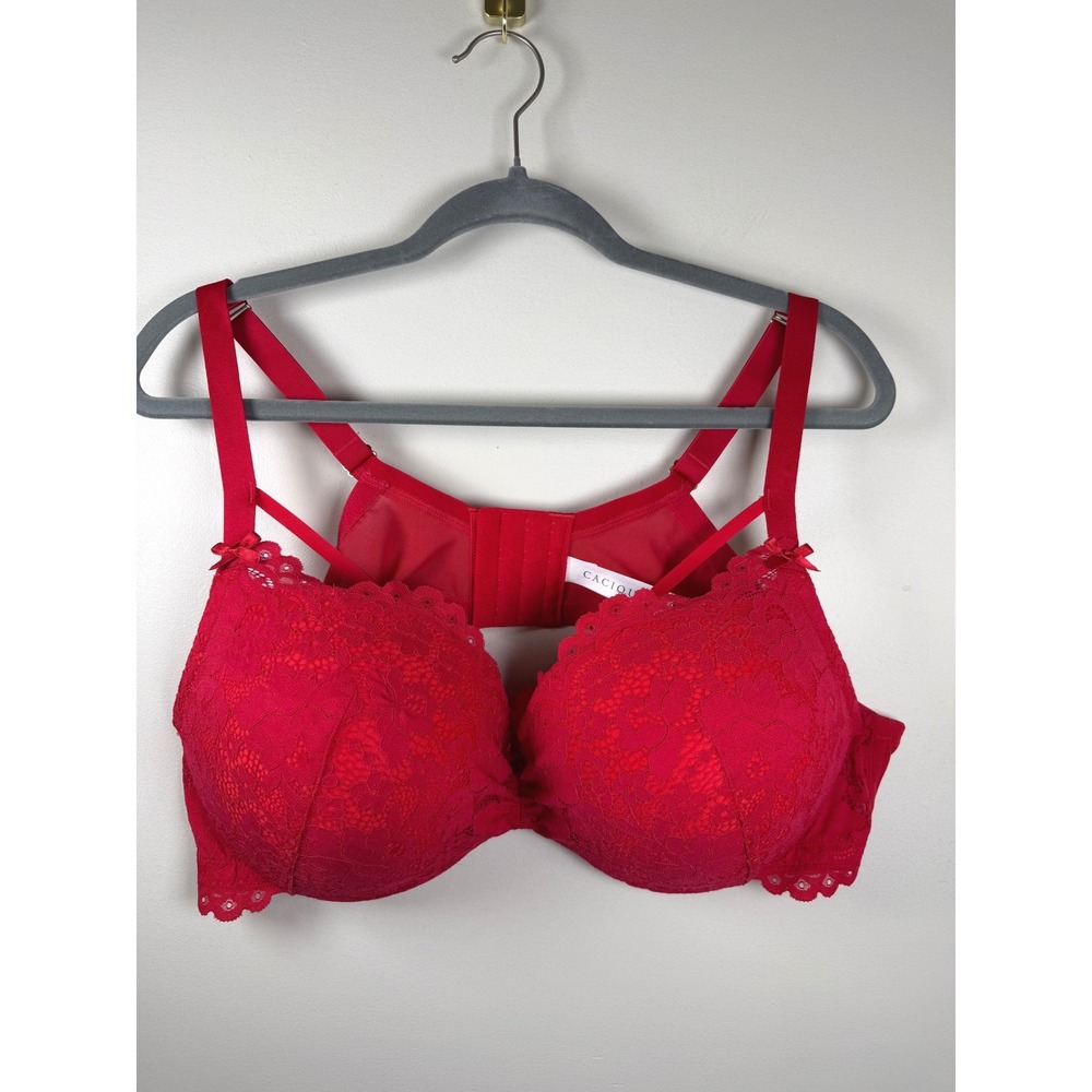 Cacique Red Lace Max Boost Plunge Bra 48B Strappy Smoothing Peekaboo